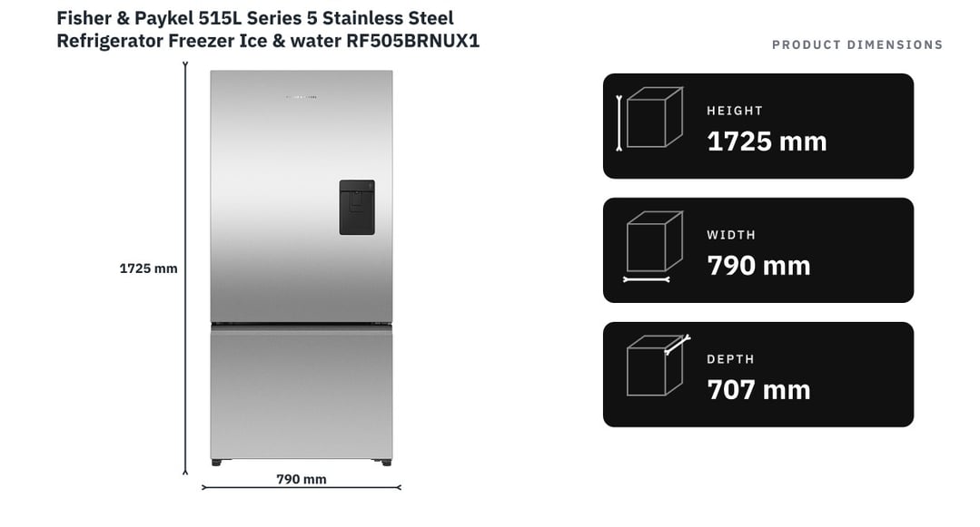 Fisher & Paykel 515L Series 5 Stainless Steel Refrigerator Freezer Ice & water RF505BRNUX1 — product dimensions
