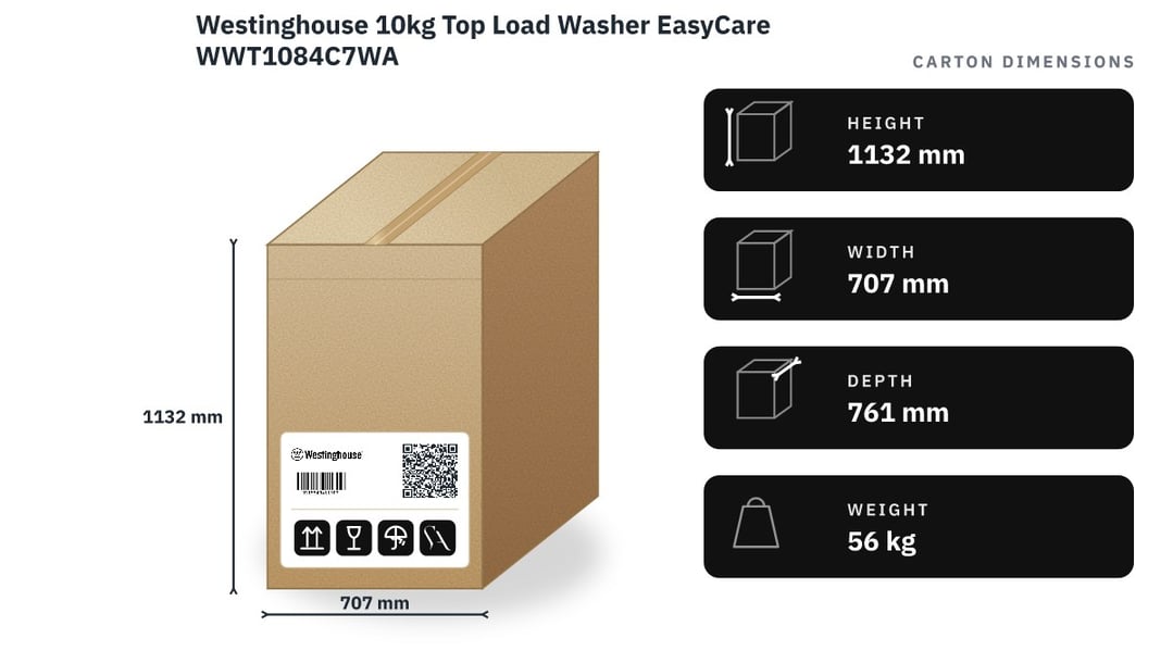 Westinghouse 10kg Top Load Washer EasyCare WWT1084C7WA — packaged dimensions