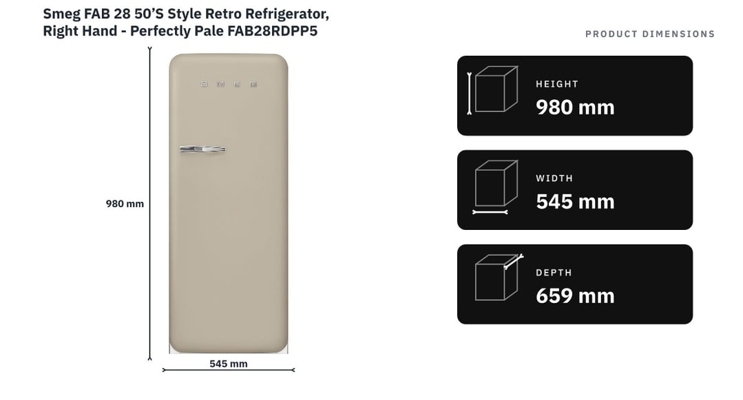 Smeg FAB 28 50’S Style Retro Refrigerator, Right Hand - Perfectly Pale FAB28RDPP5 — product dimensions