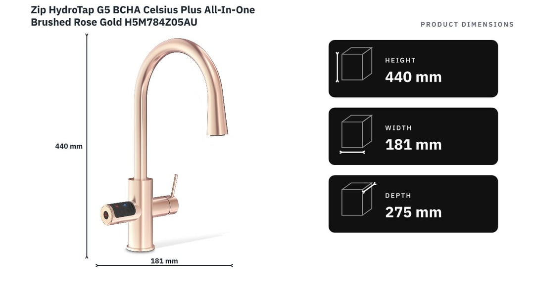Zip HydroTap G5 BCHA Celsius Plus All-In-One Brushed Rose Gold H5M784Z05AU — product dimensions