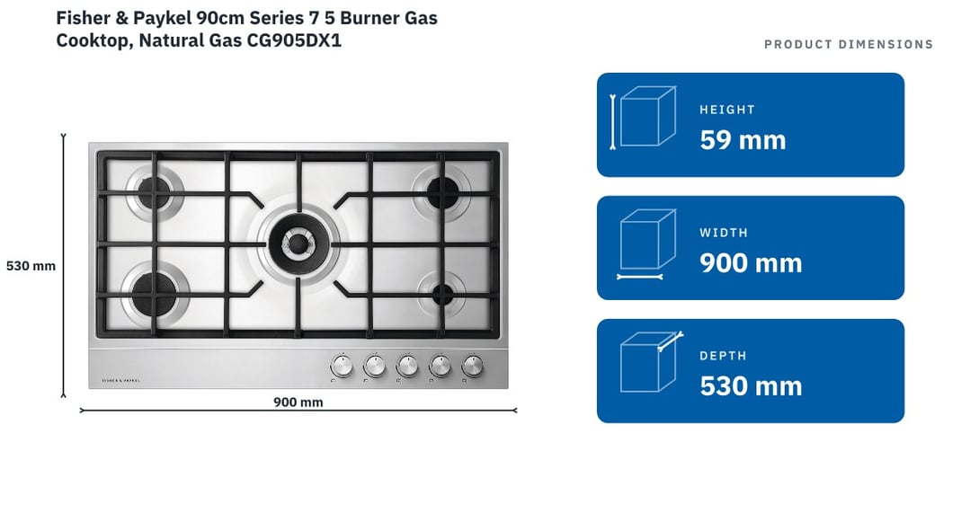 Fisher & Paykel 90cm Series 7 5 Burner Gas Cooktop, Natural Gas CG905DX1 — product dimensions