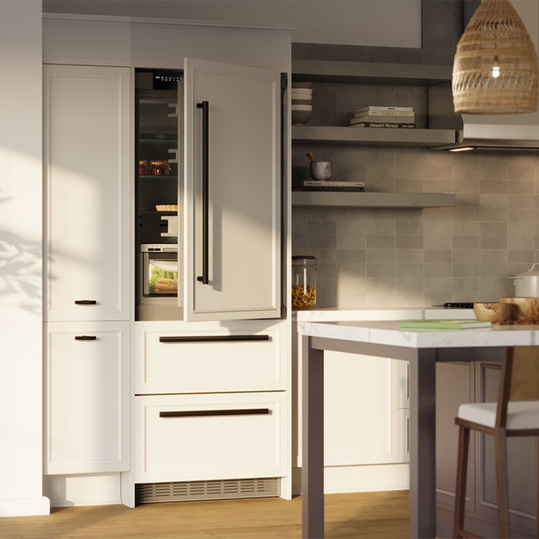 Integrated fridge with open door in a modern kitchen setting
