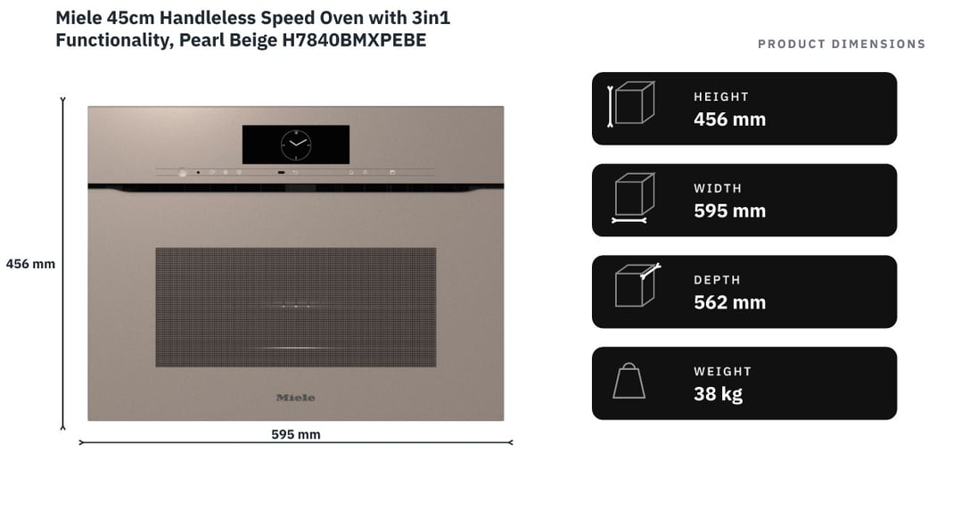Miele 45cm Handleless Speed Oven with 3in1 Functionality, Pearl Beige H7840BMXPEBE — product dimensions