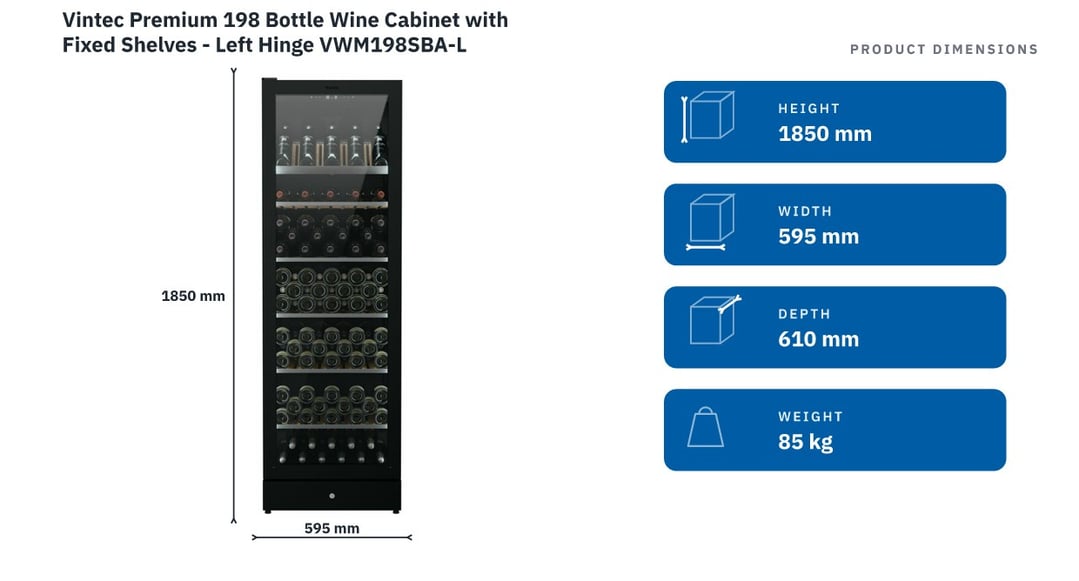 Vintec Premium 198 Bottle Wine Cabinet with Fixed Shelves - Left Hinge VWM198SBA-L — product dimensions