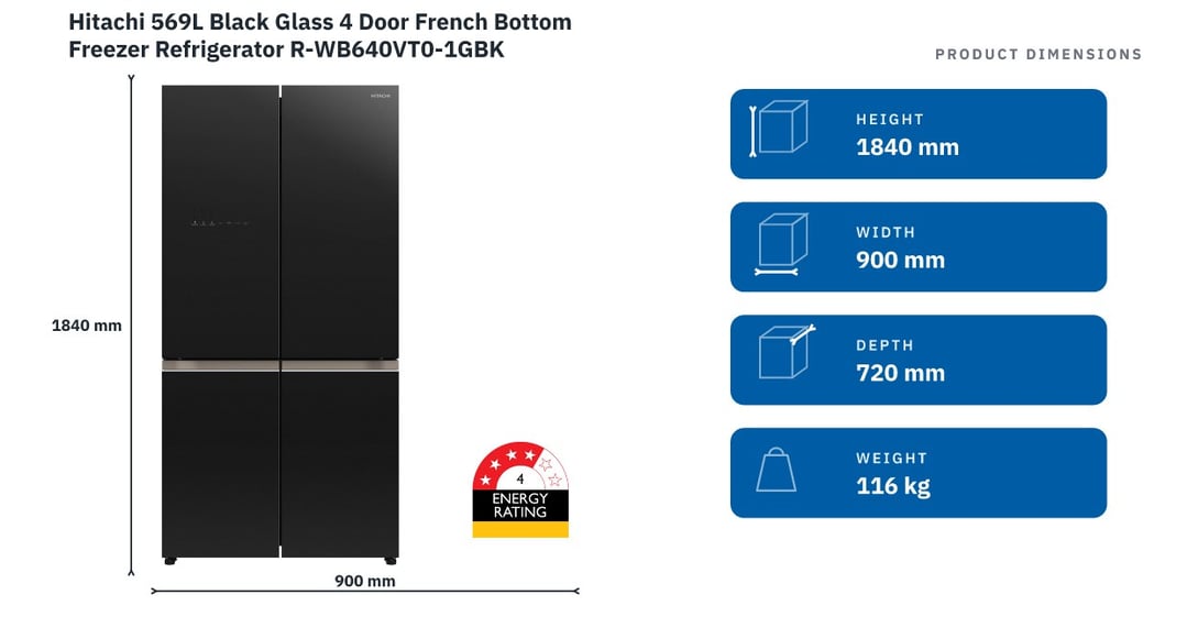 Hitachi 569L Black Glass 4 Door French Bottom Freezer Refrigerator R-WB640VT0-1GBK