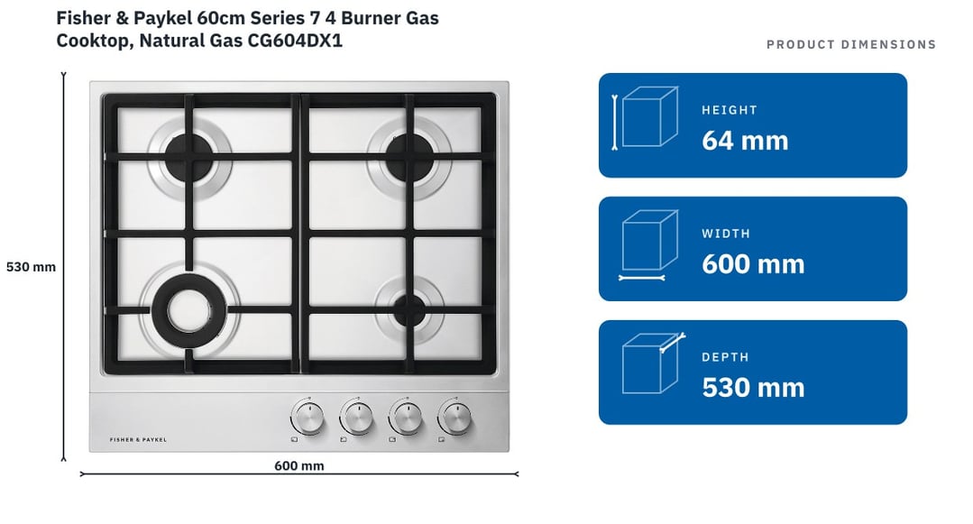 Fisher & Paykel 60cm Series 7 4 Burner Gas Cooktop, Natural Gas CG604DX1 — product dimensions