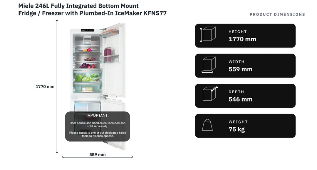 Miele 246L Fully Integrated Bottom Mount Fridge / Freezer with Plumbed-In IceMaker KFNS7795D — product dimensions
