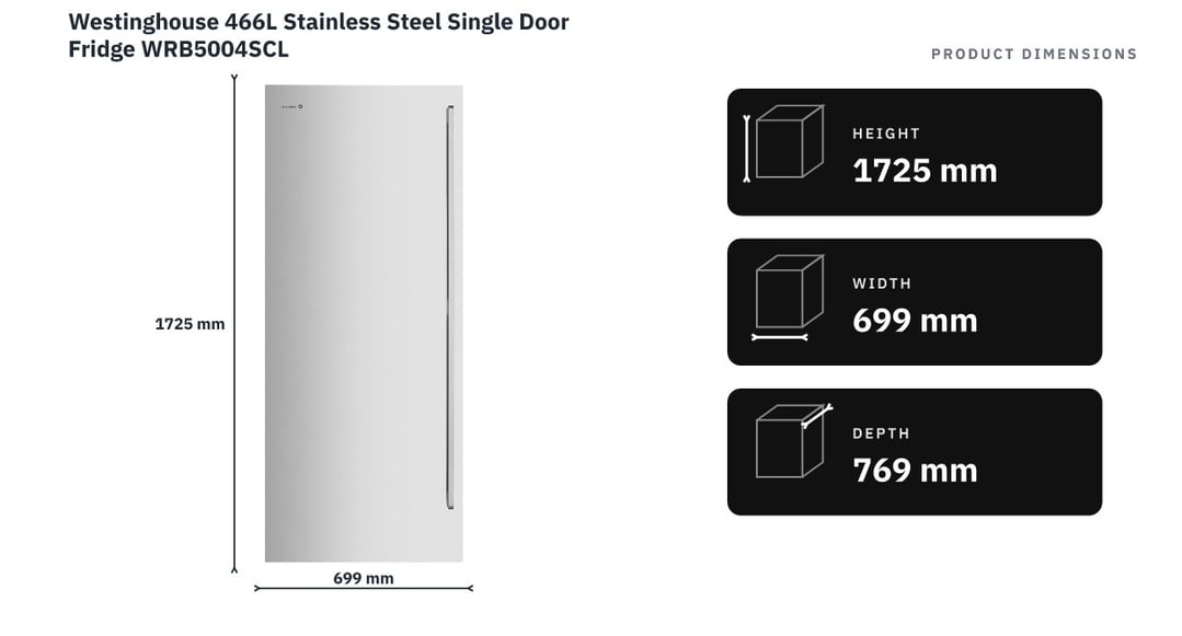 Westinghouse 466L Stainless Steel Single Door Fridge WRB5004SCL — product dimensions
