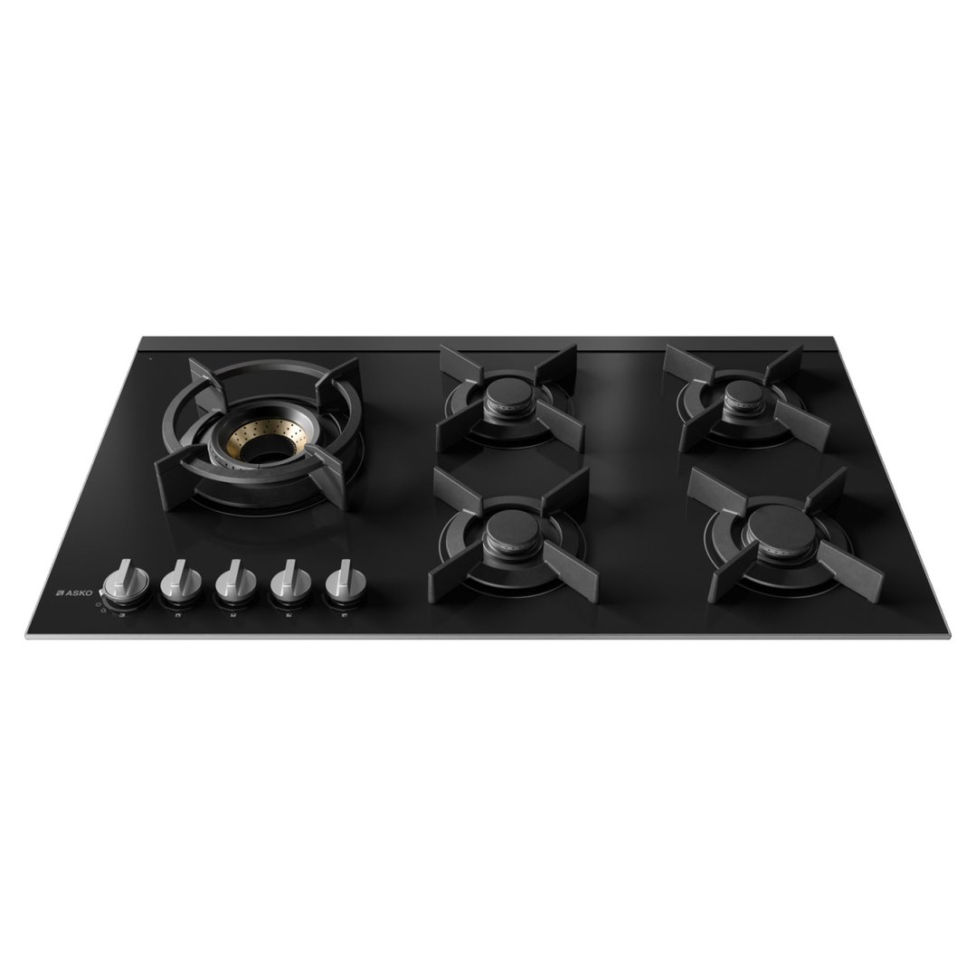 Asko 90cm Hob Gas 5 Burner Volcano Cooktop Black Glass HG8953BGD1