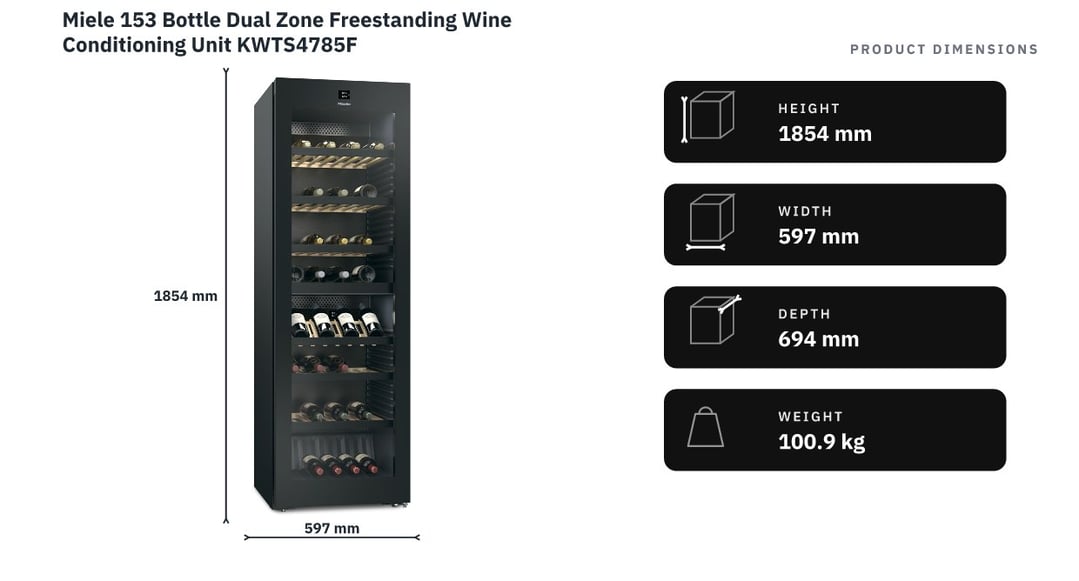 Miele 153 Bottle Dual Zone Freestanding Wine Conditioning Unit KWTS4785F — product dimensions