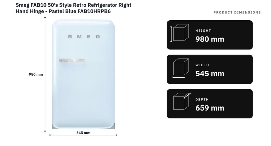 Smeg FAB10 50's Style Retro Refrigerator Right Hand Hinge - Pastel Blue FAB10HRPB6 — product dimensions