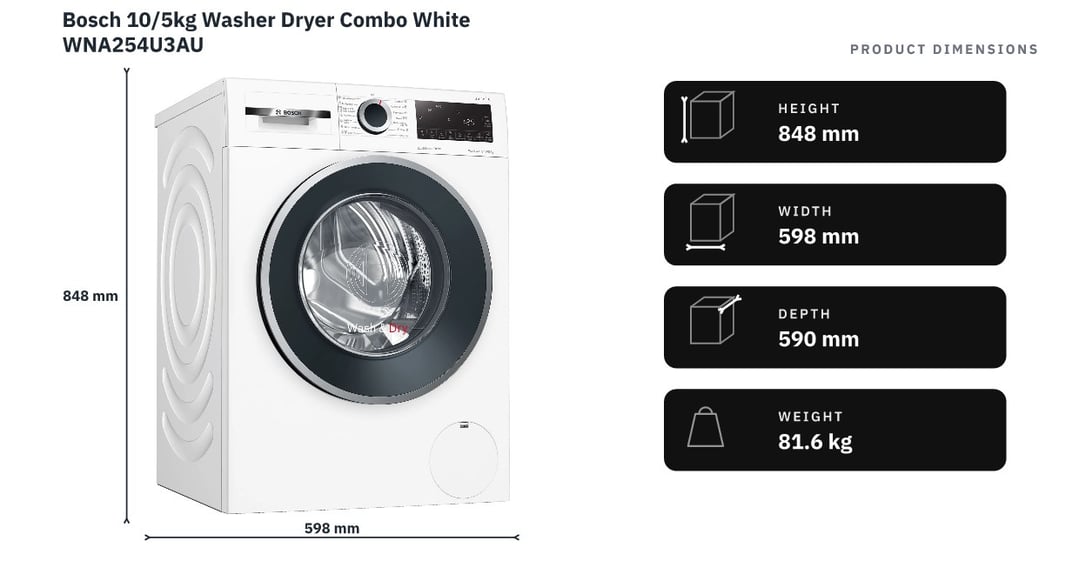 Bosch 10/5kg Washer Dryer Combo White WNA254U3AU — product dimensions