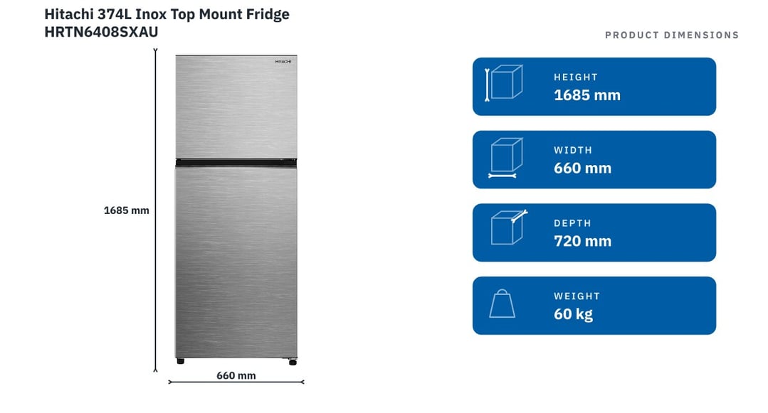 Hitachi 374L Inox Top Mount Fridge HRTN6408SXAU