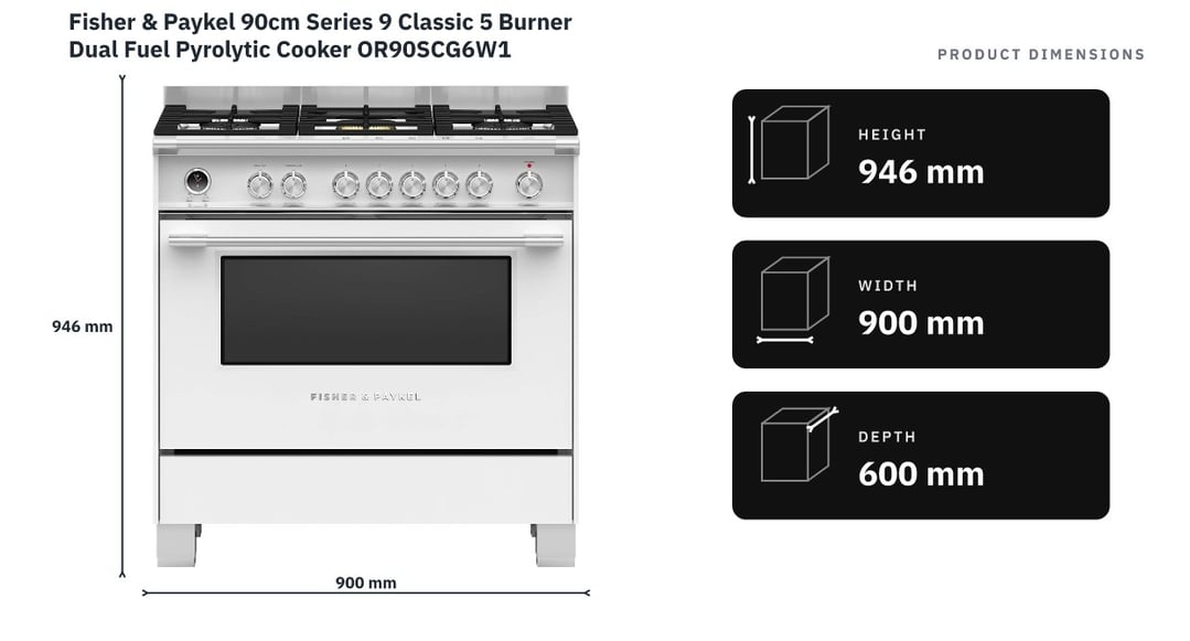 Fisher & Paykel 90cm Series 9 Classic 5 Burner Dual Fuel Pyrolytic Cooker OR90SCG6W1 — product dimensions