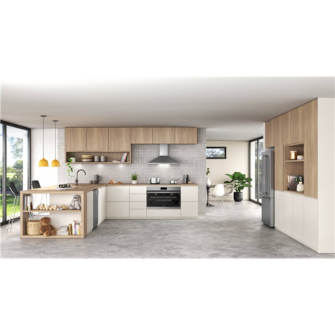Modern kitchen with a built-in oven and cooktop, and wooden and white cabinetry