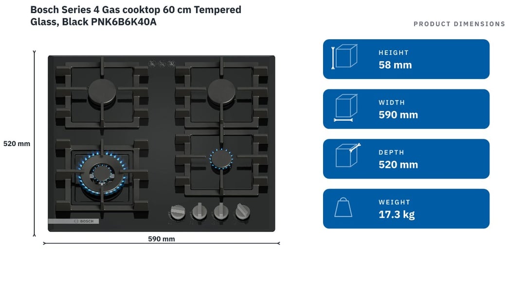 Bosch Series 4 Gas cooktop 60 cm Tempered Glass, Black PNK6B6K40A