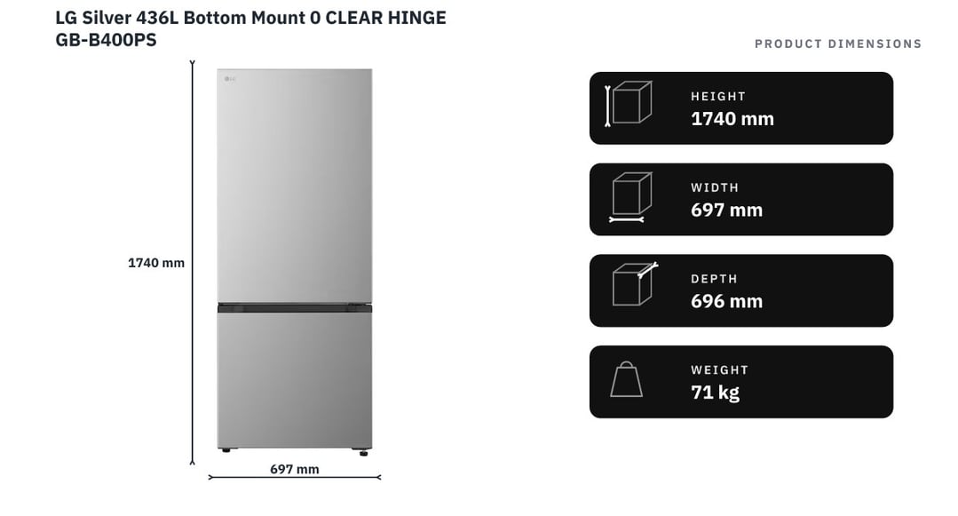 LG Silver 436L Bottom Mount 0 CLEAR HINGE GB-B400PS — product dimensions