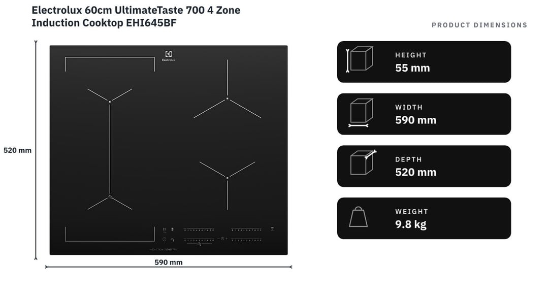 Electrolux 60cm UltimateTaste 700 4 Zone Induction Cooktop EHI645BF — product dimensions