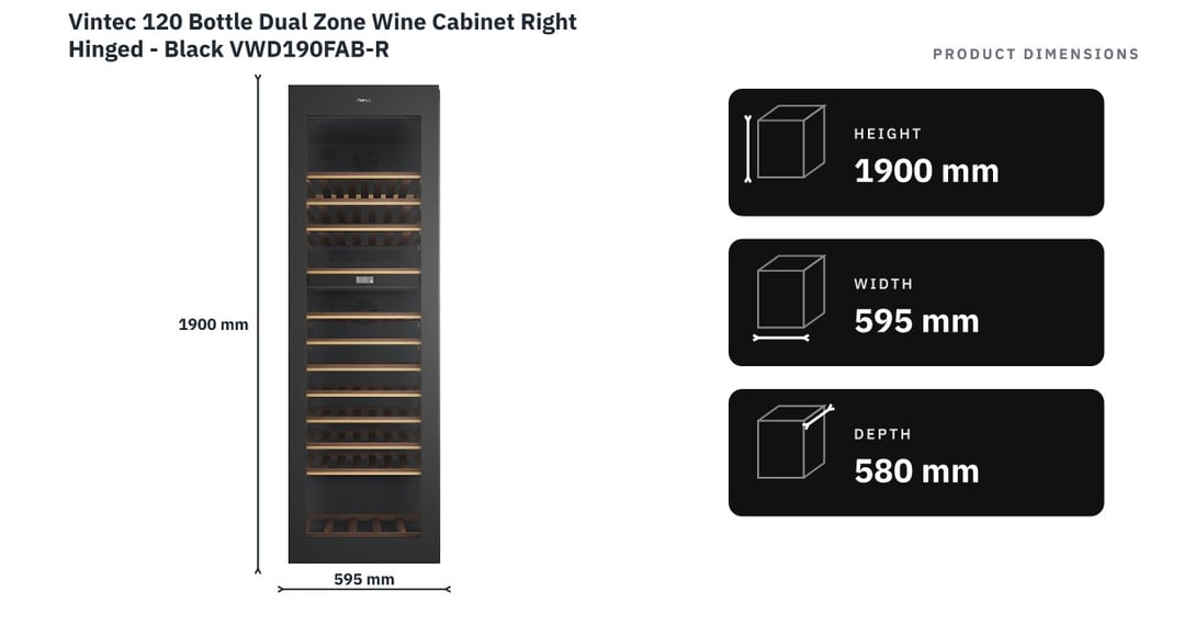 Vintec 120 Bottle Dual Zone Wine Cabinet Right Hinged - Black VWD190FAB-R — product dimensions