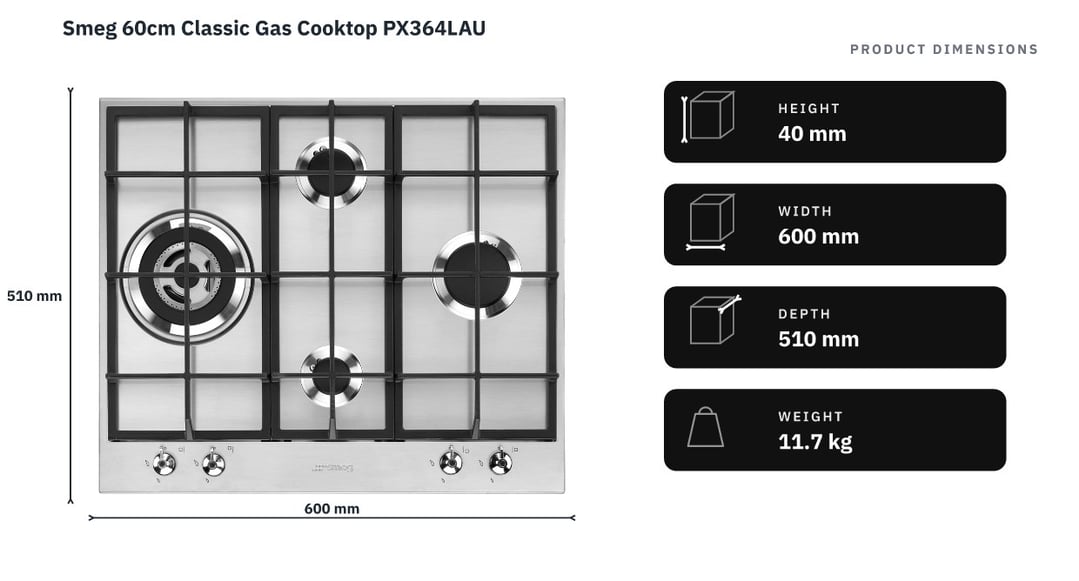 Smeg 60cm Classic Gas Cooktop PX364LAU — product dimensions