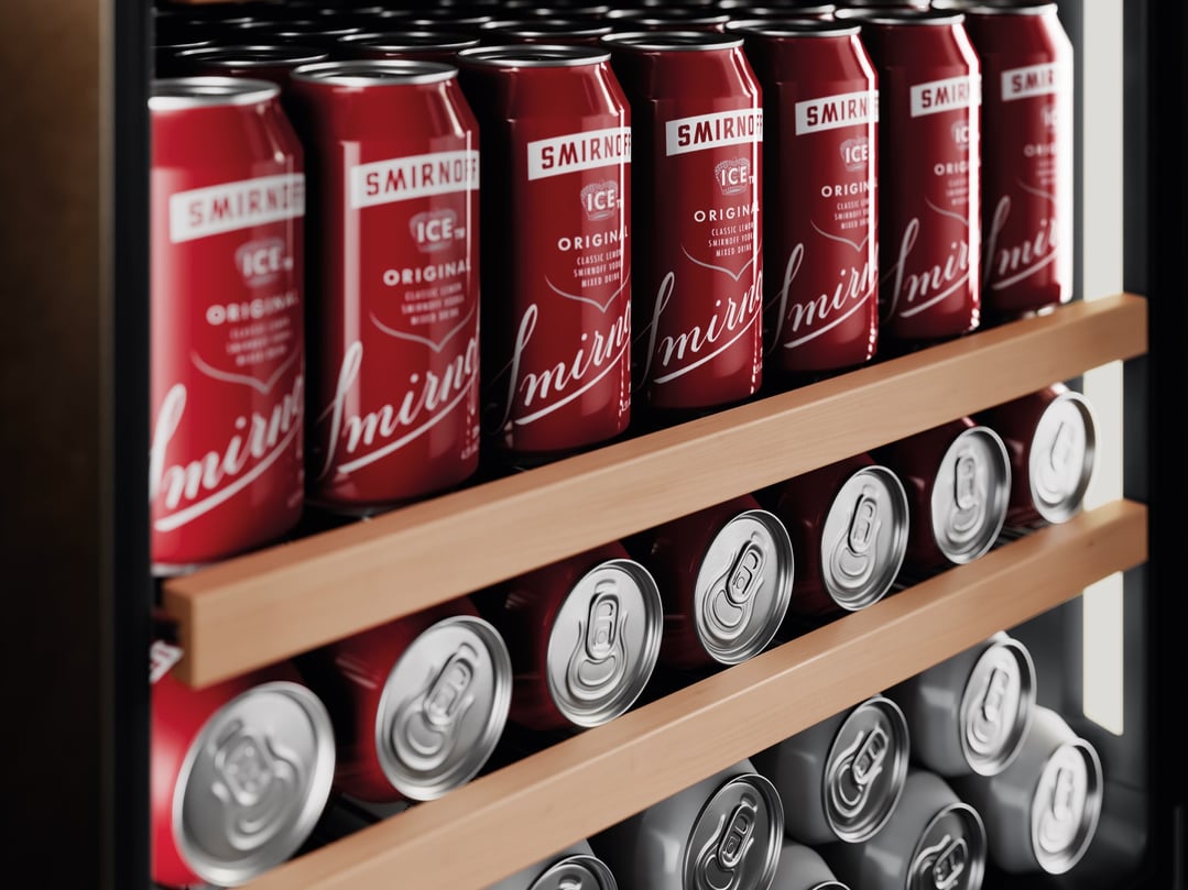 Red beverage cans stored on wooden shelves inside a beverage centre