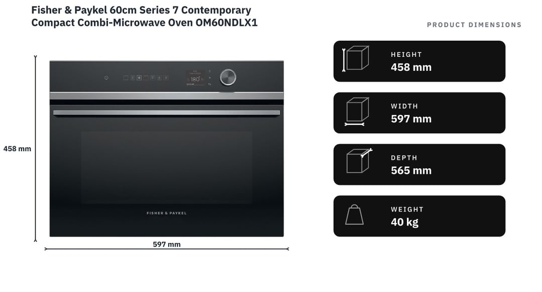 Fisher & Paykel 60cm Series 7 Contemporary Compact Combi-Microwave Oven OM60NDLX1 — product dimensions