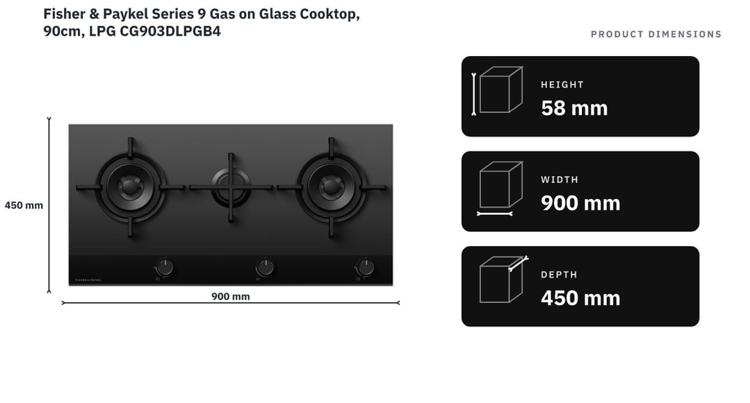Fisher & Paykel Series 9 Gas on Glass Cooktop, 90cm, LPG CG903DLPGB4 — product dimensions