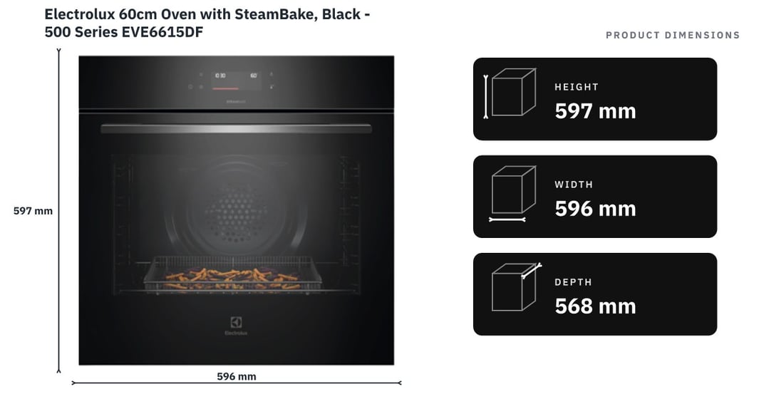 Electrolux 60cm Oven with SteamBake, Black - 500 Series EVE6615DF — product dimensions