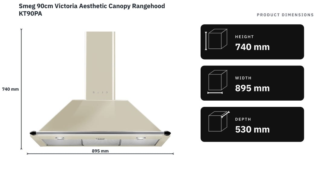 Smeg 90cm Victoria Aesthetic Canopy Rangehood KT90PA — product dimensions