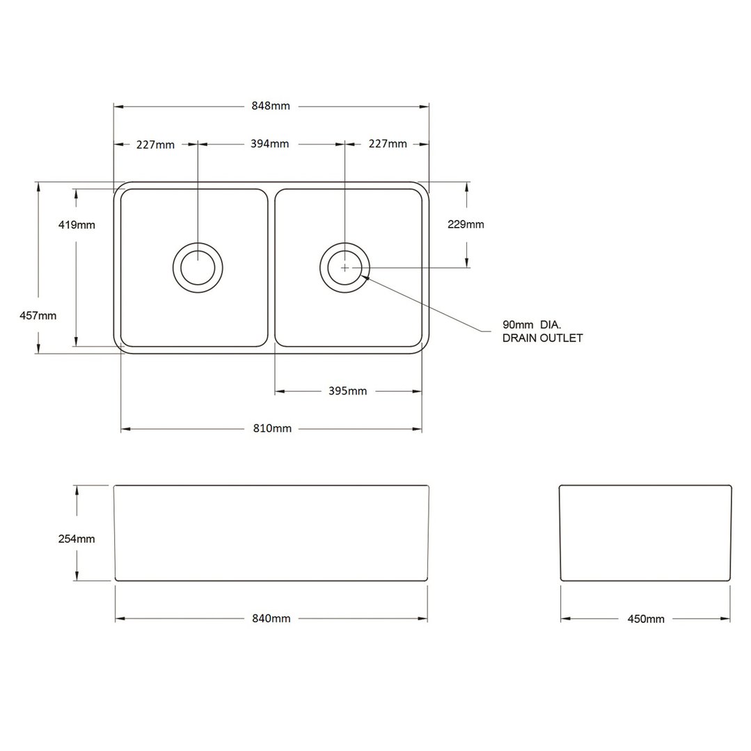 Turner Hastings Novi 85x46 Double Bowl Fireclay Butler Sink - Concrete Look NO854FS-CL