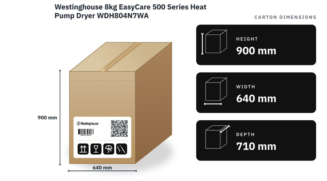 Westinghouse 8kg EasyCare 500 Series Heat Pump Dryer WDH804N7WA — packaged dimensions
