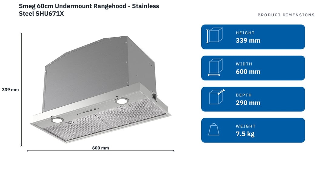 Smeg 60cm Undermount Rangehood - Stainless Steel SHU671X — product dimensions
