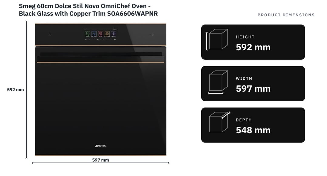 Smeg 60cm Dolce Stil Novo OmniChef Oven - Black Glass with Copper Trim SOA6606WAPNR — product dimensions