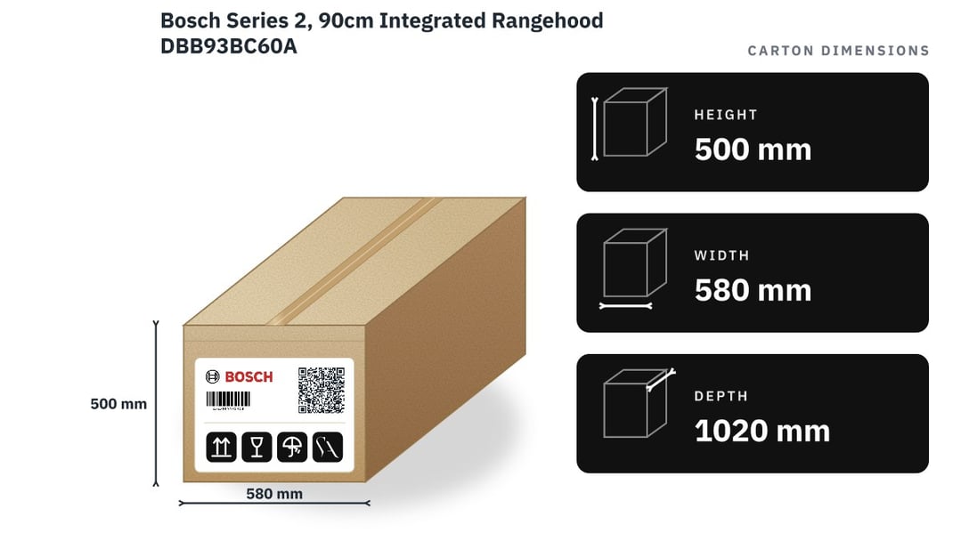 Bosch Series 2, 90cm Integrated Rangehood DBB93BC60A — packaged dimensions