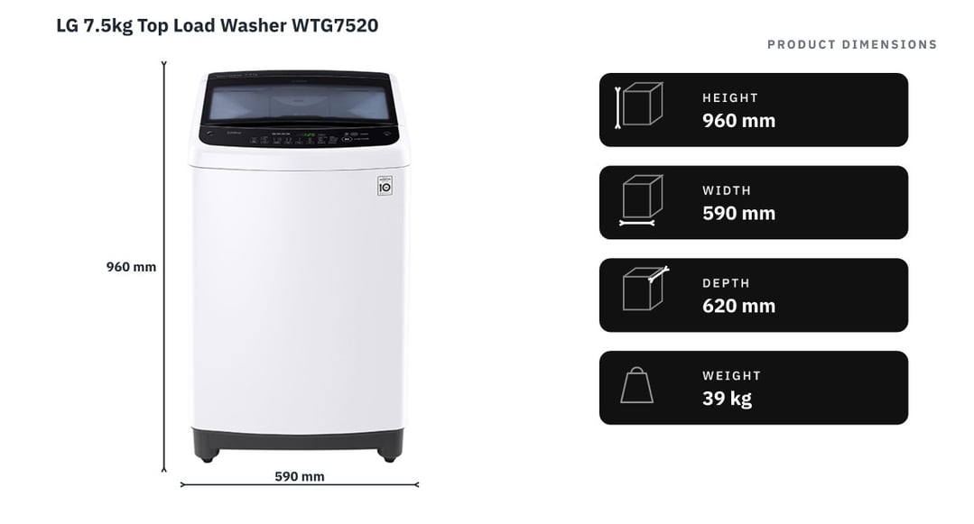 LG 7.5kg Top Load Washer WTG7520 — product dimensions