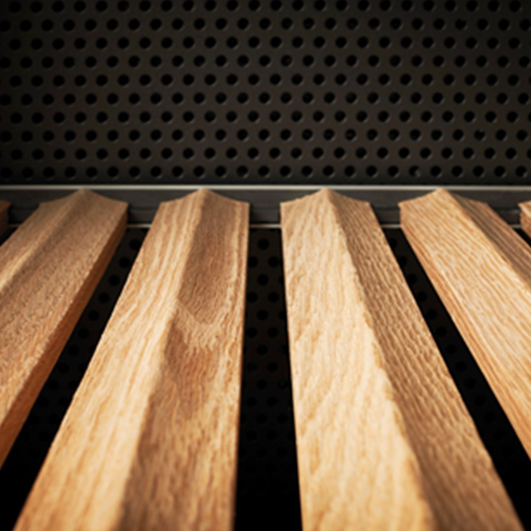 Close up of wooden shelves inside a wine cabinet