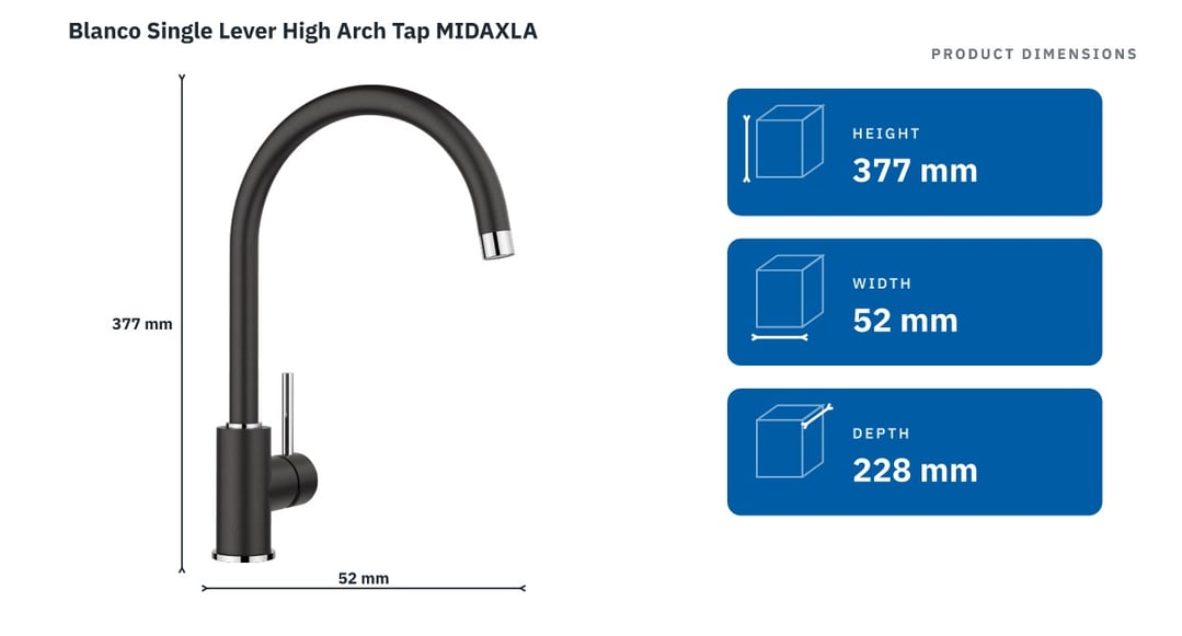 Blanco Single Lever High Arch Tap MIDAXLA — product dimensions