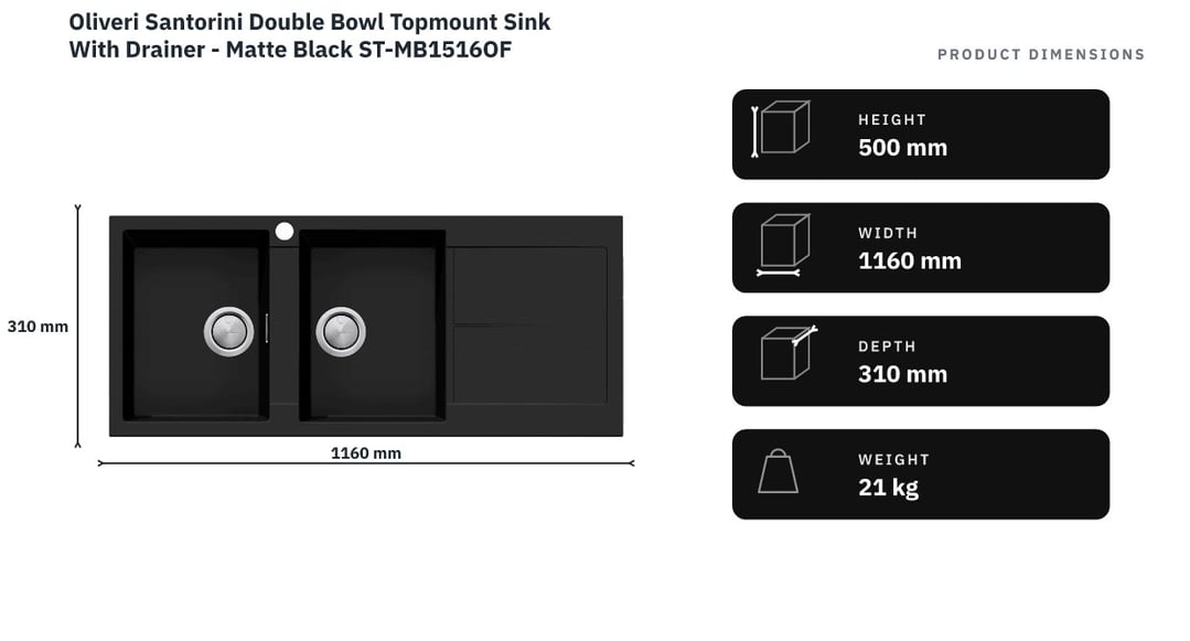 Oliveri Santorini Double Bowl Topmount Sink With Drainer - Matte Black ST-MB1516OF — product dimensions