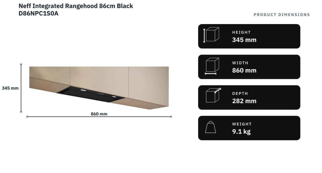 Neff Integrated Rangehood 86cm Black D86NPC1S0A — product dimensions