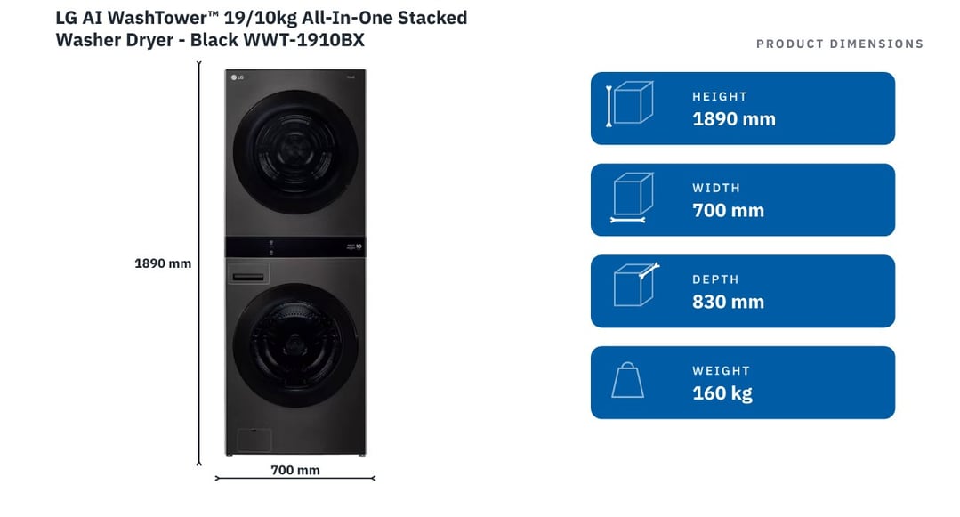 LG AI WashTower™ 19/10kg All-In-One Stacked Washer Dryer - Black WWT-1910BX