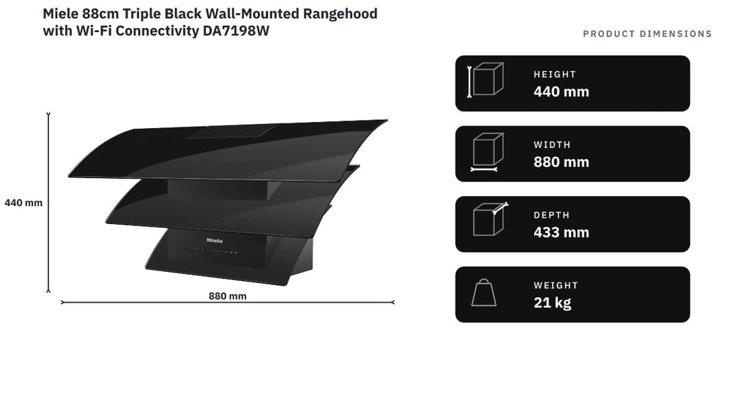 Miele 88cm Triple Black Wall-Mounted Rangehood with Wi-Fi Connectivity DA7198W — product dimensions