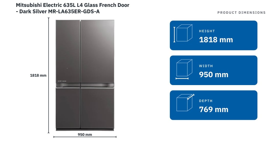 Mitsubishi Electric 635L L4 Glass French Door - Dark Silver MR-LA635ER-GDS-A — product dimensions