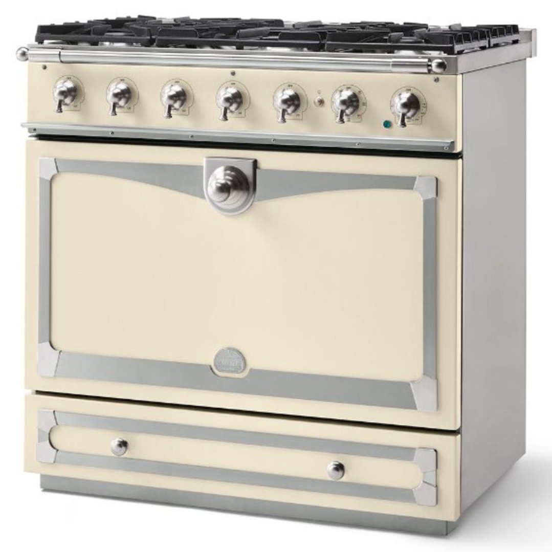 La Cornue Cornu Fe Albertine 90cm Dual Fuel Range Cooker - Morning Dew, Brushed Nickel and Stainless Steel ALB90DFMD/N