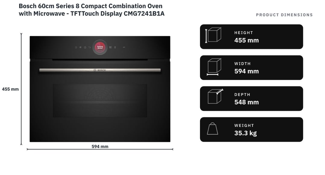 Bosch 60cm Series 8 Compact Combination Oven with Microwave - TFTTouch Display CMG7241B1A — product dimensions