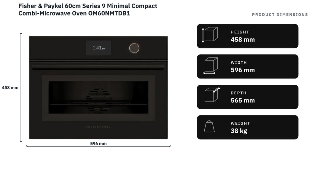 Fisher & Paykel 60cm Series 9 Minimal Compact Combi-Microwave Oven OM60NMTDB1 — product dimensions