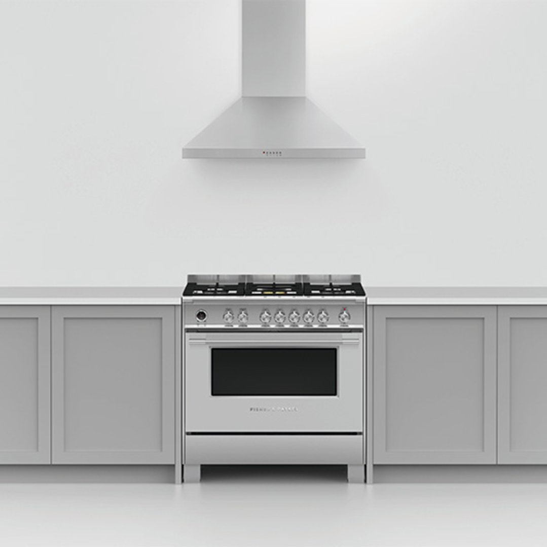 Stainless steel freestanding cooker with rangehood in a modern kitchen setting