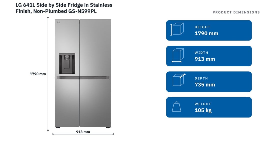 LG 641L Side by Side Fridge in Stainless Finish, Non-Plumbed GS-N599PL