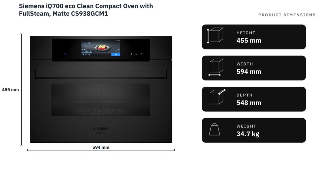 Siemens iQ700 eco Clean Compact Oven with FullSteam, Matte CS938GCM1 — product dimensions