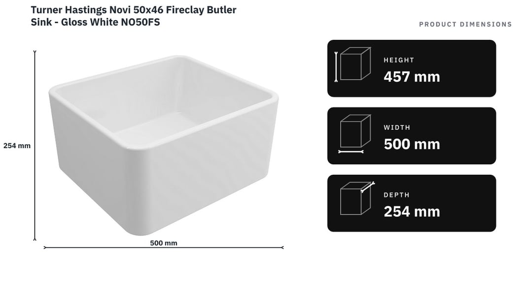Turner Hastings Novi 50x46 Fireclay Butler Sink - Gloss White NO50FS — product dimensions
