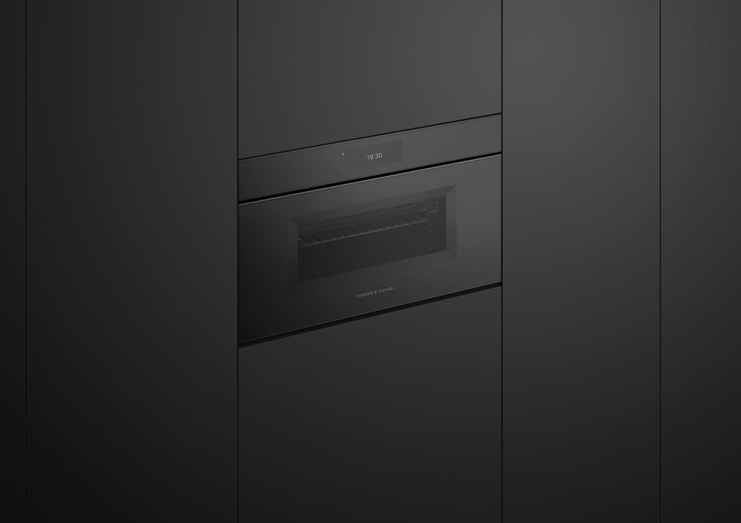 Fisher & Paykel 76cm Series 9, Minimal Handleless Compact Combi-Microwave Oven, Black Glass OM76NMUNB3